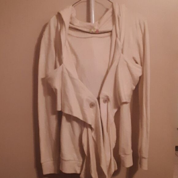 FREE PEOPLE VINTAGE  OPEN FRONT CREAM HOODED SWEATSHIRT JACKET MEDIUM - Picture 1 of 4